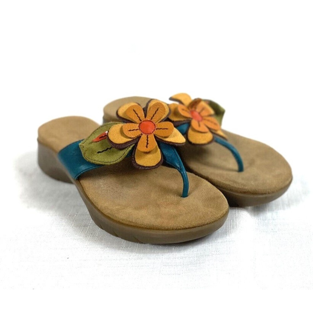 Aerosoles First Pace Leather Thong Wedge Sandals Size 6B Floral Blue Multi Color